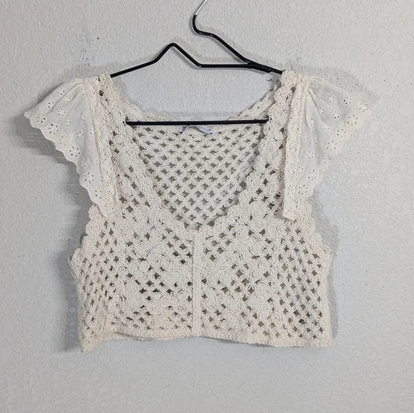 Zara Woman Ivory Cream Crochet Crop Top Bralette Cap Flutter Sleeve Summer M - Picture 2 of 9